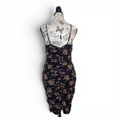 Forever 21 Knit Dress Women Medium Black Floral Ruched Mesh Bodycon V-Neck NWT