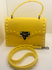 Yellow Studded Satchel Top Handle Bag w/ Detachable Strap, Latch, Silver HW