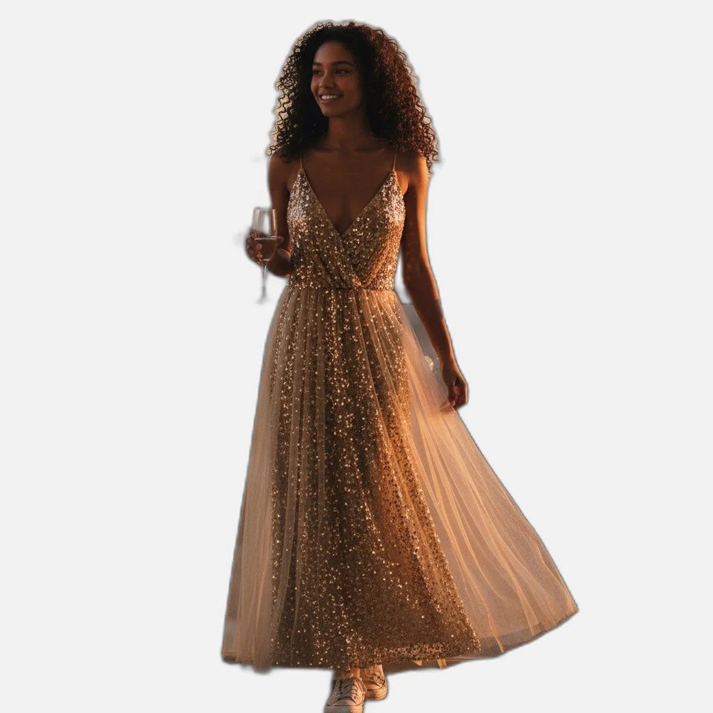 Sparkling Gold Sequin Maxi Dress with Tulle Overlay