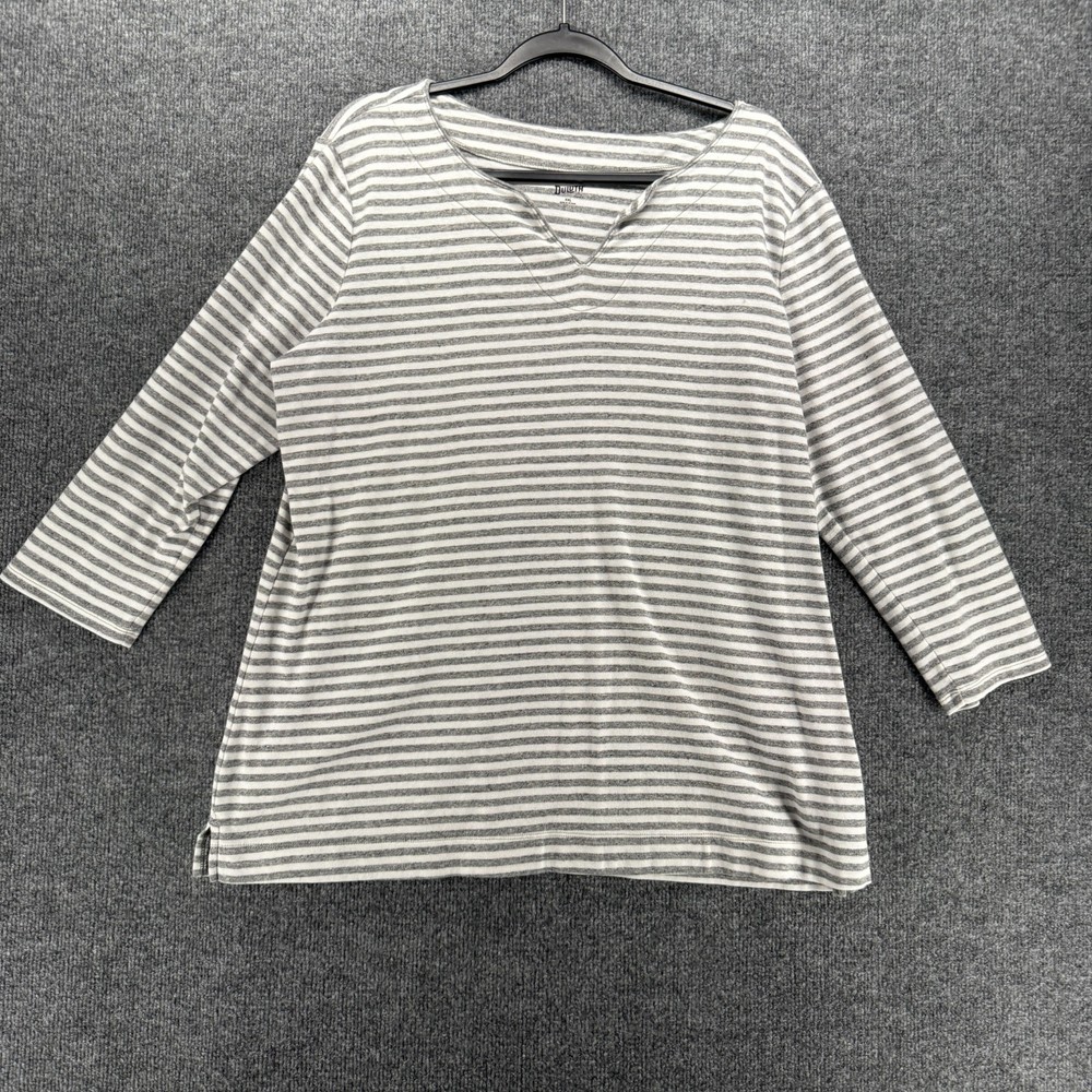 Duluth Trading Top Womens XXL Gray Striped V-Neck Casual Nautical Preppy Cottton