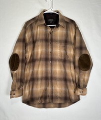 VTG Pendleton Trail Shirt Men’s Large Brown Plaid Virgin Wool Elbow Patches