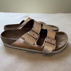 Birkenstock Women’s Rose Gold 2-Strap Buckle Slide Sandals Cork EU 39 US 8