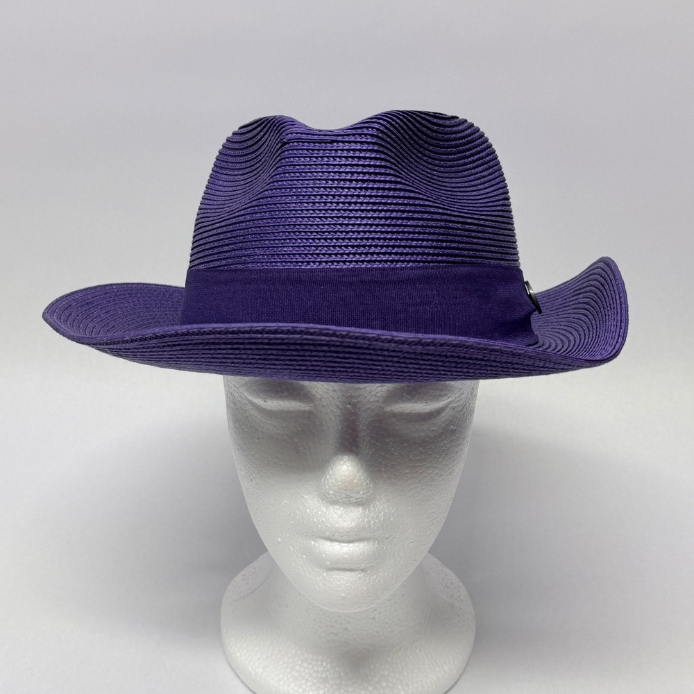 Bruno Capelo Francesco Collection Purple Straw Fedora Hat Medium Lion Pin Mens