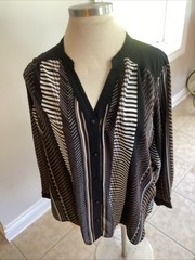 Bob Mackie Wearable Art Poly Long Sleeve Semi Sheer Button Geo Blouse 3X