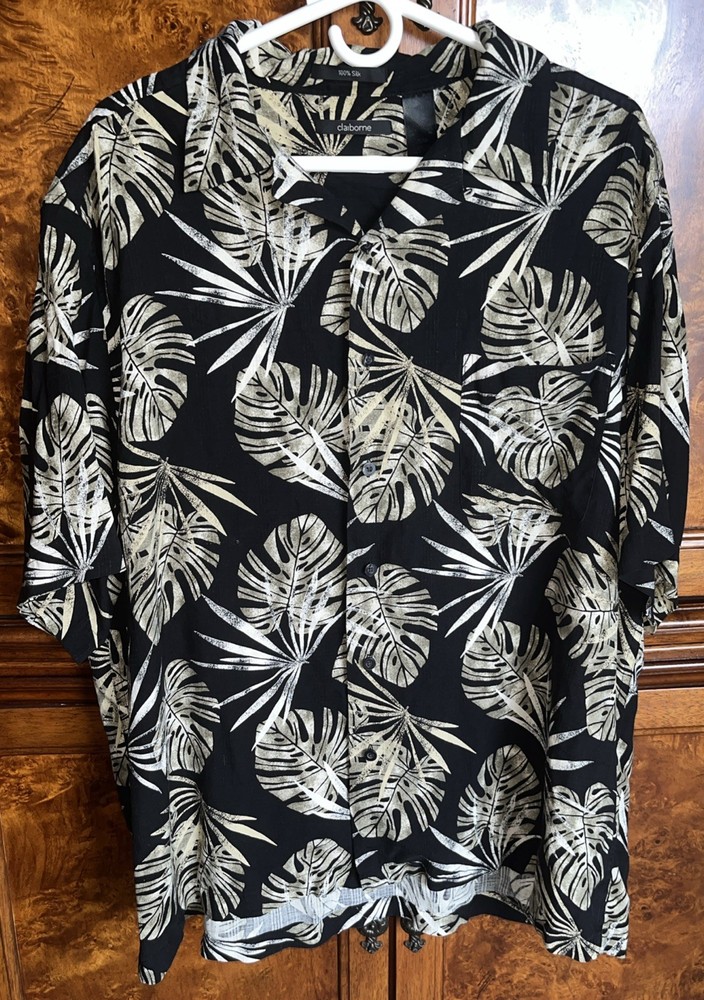 Claiborne Mens XL Short Sleeve Black Floral Silk Button Up Shirt
