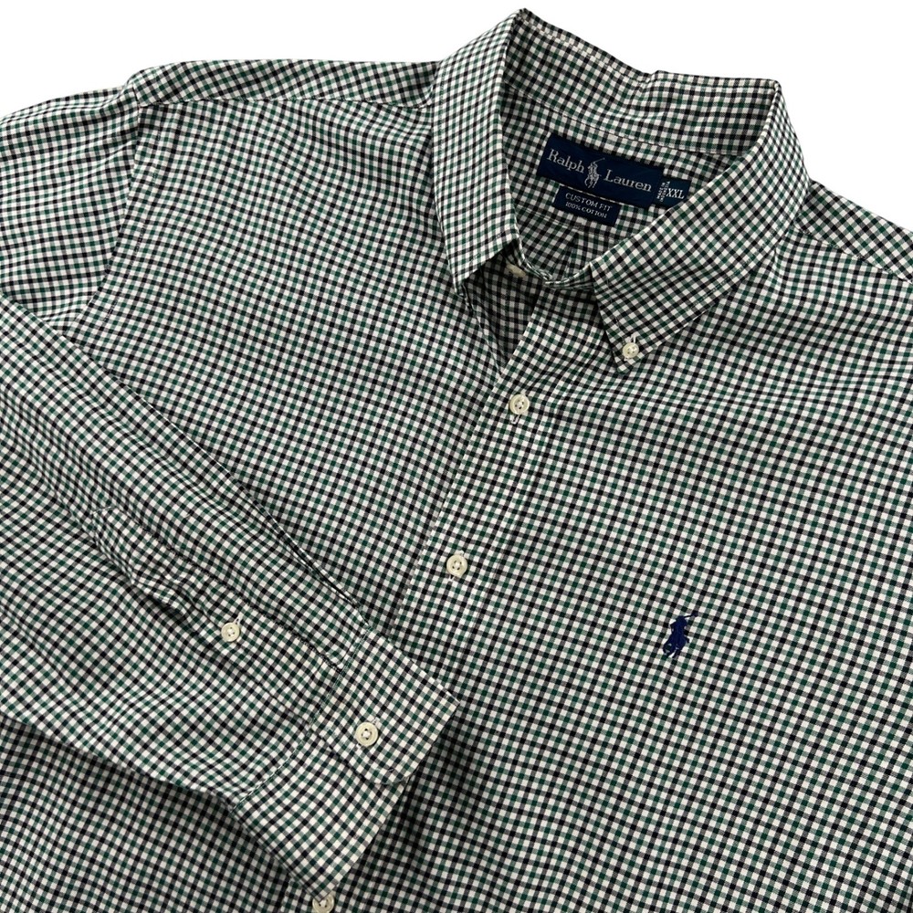 Ralph Lauren Mens XXL Custom Fit Gingham Check Button Down Shirt Green Navy Ivy