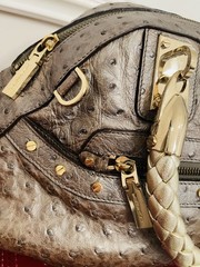 Versace Ostrich Quilted Satchel Top Handle, Braided Handles, Zip, Gold Hardware