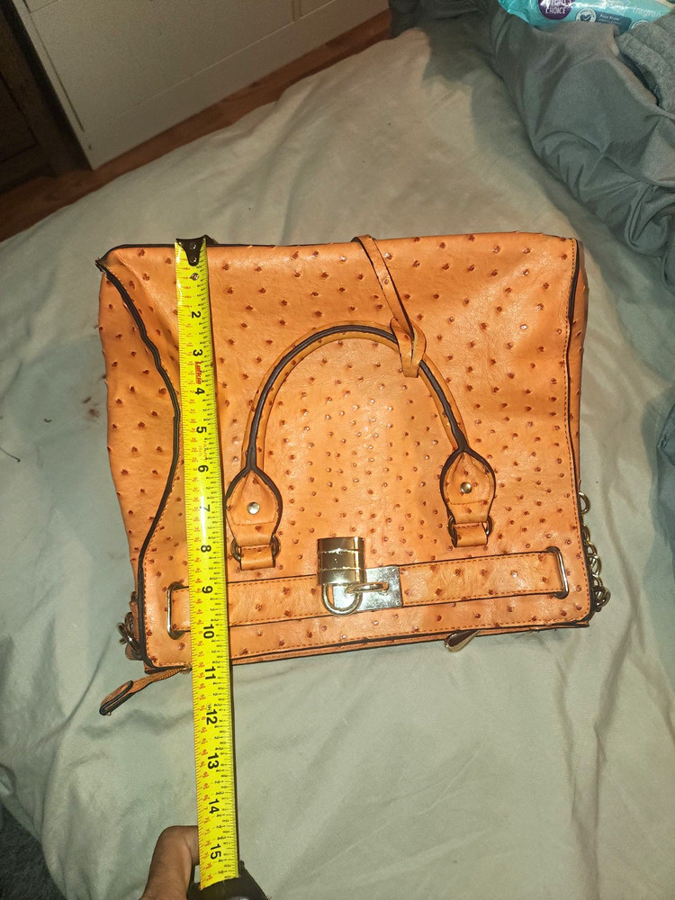 Women’s Tan Ostrich Embossed Satchel Top Handle Bag Chain Strap Turn Lock Zip