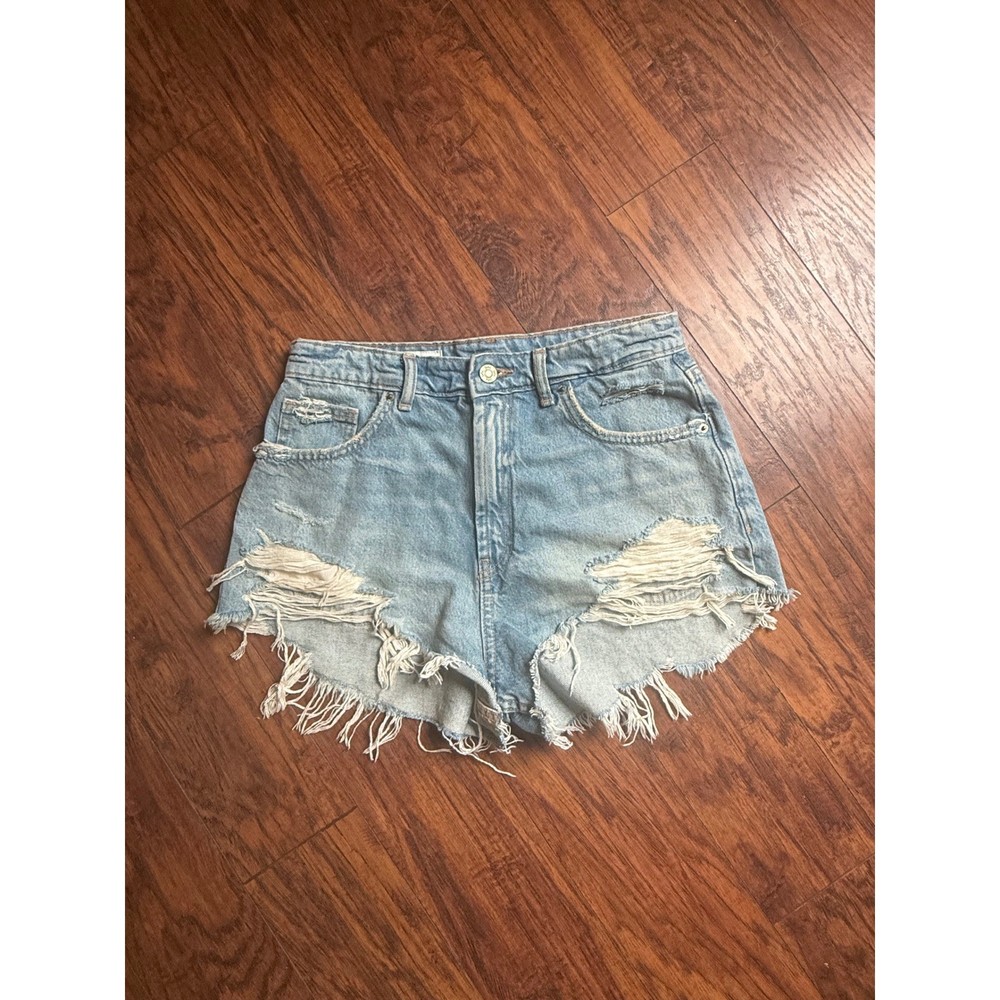 Zara Womens High Waisted Distressed Denim Shorts Light Wash Cut Off Size 6 Blue