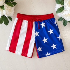 American Flag String Bikini & Hawaiian Shorts Set, USA Summer Beachwear Outfit