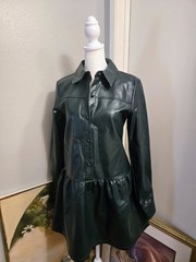 Moodie Green Faux Leather Long Sleeve Collar Mini Dress With Button Front Size S