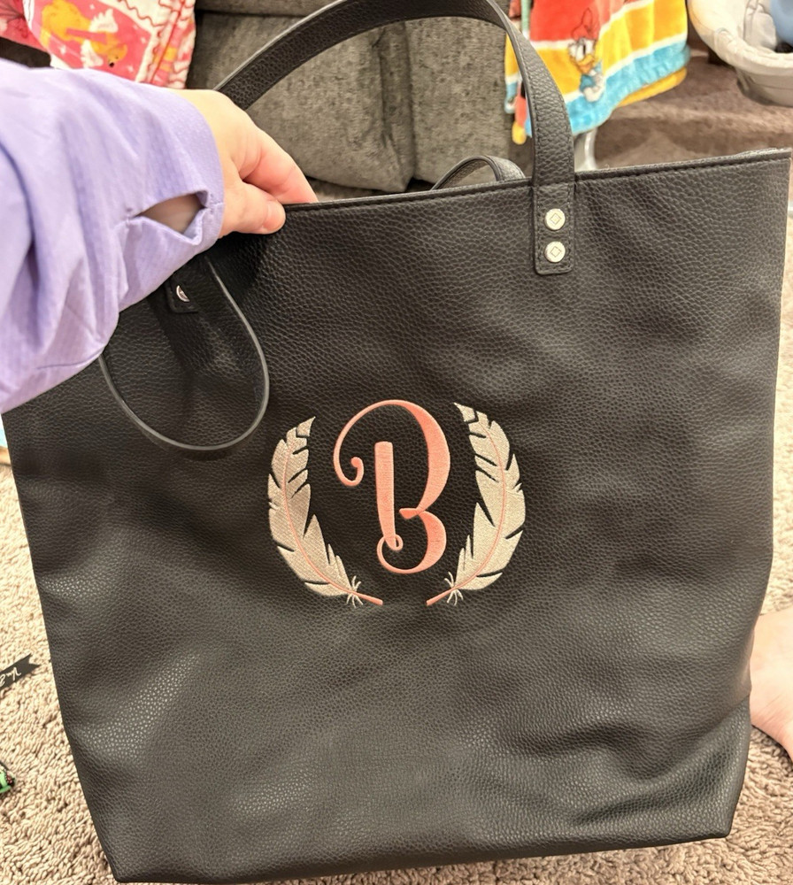 Thirty-One Black Large Tote Bag Monogram B Detachable Strap Inner Pockets