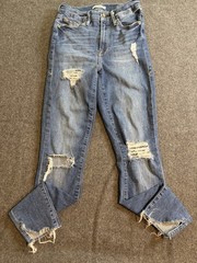 Good American Jeans Womens 0/25 Blue Good Waist Skinny Chew Hem Distressed Denim