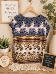 Axcess Women’s M Blue Purple White Yellow Paisley Scoop Neck Knit Pullover Top