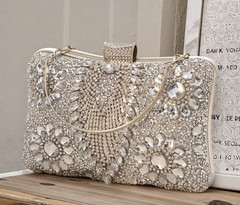 Women’s Floral Crystal Rhinestone Beaded Rectangle Clutch, Clasp, Chain Strap