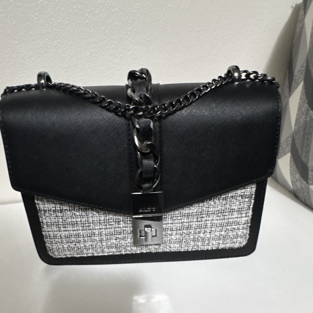 ALDO Black & White Chain Strap Flap Shoulder Bag Purse, Turn Lock