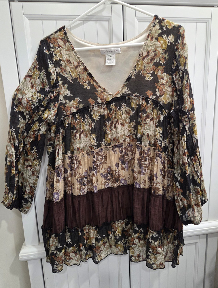 Paisley Vine Women’s M Brown Mocha Floral V-Neck Long Sleeve Ruffle Lined Tunic