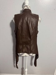 Cotton Express Brown Sleeveless Faux Leather Zip Front Mesh Tie Hem Vest L