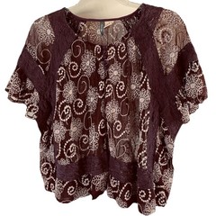 anu women’s purple short sleeve sheer top with embroidery & crochet trim size S