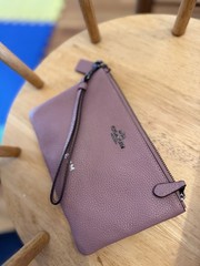 Coach Mauve Pebbled Wristlet with Hot Stamped Custom Initials, Logo, Zip Closure