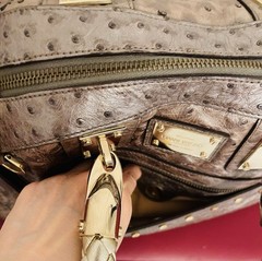 Versace Ostrich Quilted Satchel Top Handle, Braided Handles, Zip, Gold Hardware