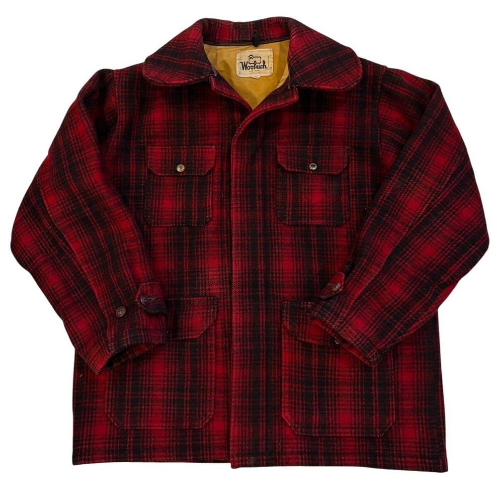 Vintage Woolrich Mackinaw Coat Mens 42 (Large) Red Buffalo Plaid Hunting Hipster