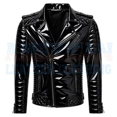 Mens Black Wet Look Pvc Vinyl Motorcycle Jacket Shiny Punk Biker Quilted Moto
