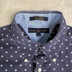 Vintage Tommy Hilfiger Mens M Blue Short Sleeve Button-Down H pattern Cotton