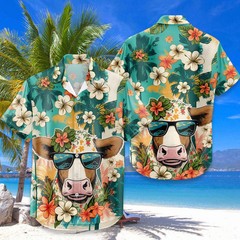Cute Cow Hawaiian Shirt – Smiling Cow Sunglasses Tropical Floral Aloha