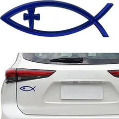 Cross Fish Auto Emblem, Fish Car Emblem, Weatherproof Symbol Ichth Color: Blue