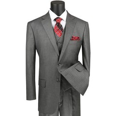 VINCI Men’s Medium Gray Pinstripe 3 Piece 2 Button Classic Fit Suit – NEW