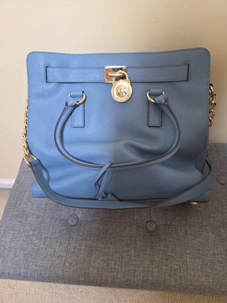 Michael Kors Hamilton Satchel Bag with Gold Chain – Blue