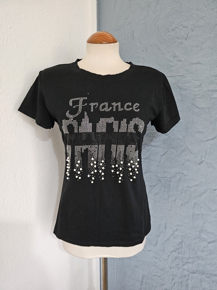 Zeva Paris Logo Beaded Sparkling Black Top Size M
