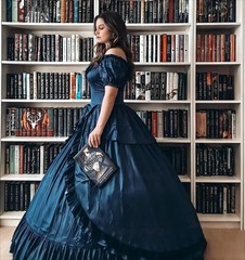 Navy Blue Off-Shoulder Satin Ball Gown Victorian Princess Renaissance Dress
