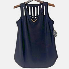 NWT AUW Black Sleeveless Top Cutout Neckline Gold Detail Modern Blouse