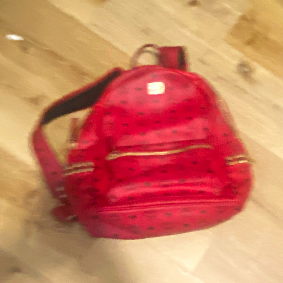 Red mcm Mini Backpack Purse Studded Detail Front Zipper Pocket Gold Zip