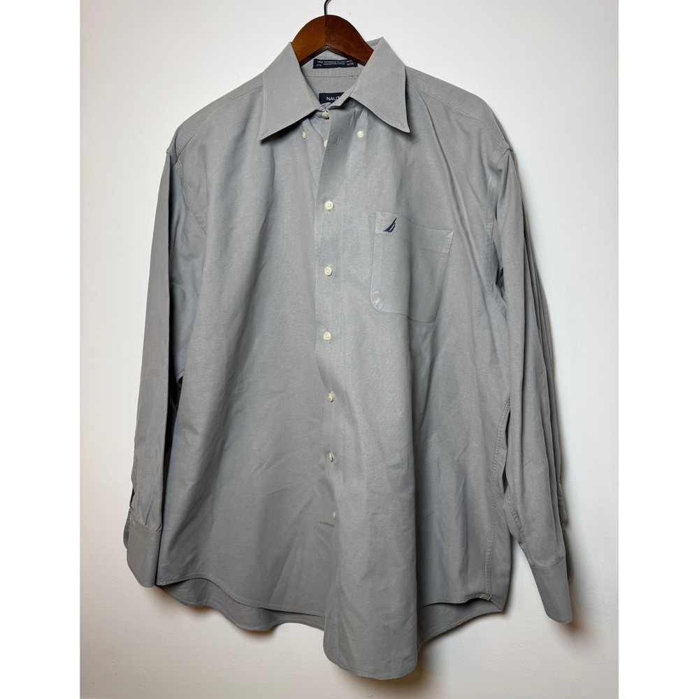 Nautica Mens Vintage Oxford Shirt Gray Long Sleeve Button Down 17.5 34/35 Cotton
