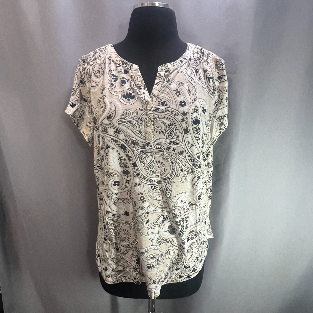 Liz Claiborne Blouse Top Womens Large Beige Gray Paisley Print Rayon Cap Sleeve
