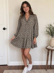 Free Assembly Women’s L Black/Beige Floral V-Neck Button Front Mini Dress