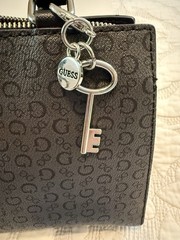 GUESS Black Logo Satchel Top Handle Handbag Padlock Charm Silver Hardware