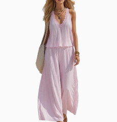 Womens Lace V-Neck Pleated Striped Two Piece Set Loose Wide Leg Pants Suit