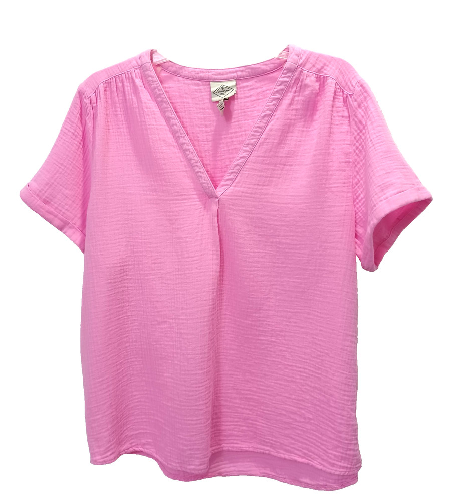St. John’s Bay Women’s XL Pink 100% Cotton V‑Neck Short Sleeve Top High‑Low Hem
