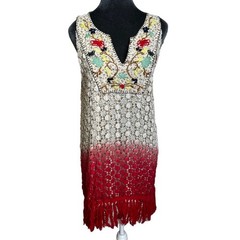 Boho Crochet Lace Tunic Top L Cotton Embroidered Fringe Ombre Floral Hippie Fun