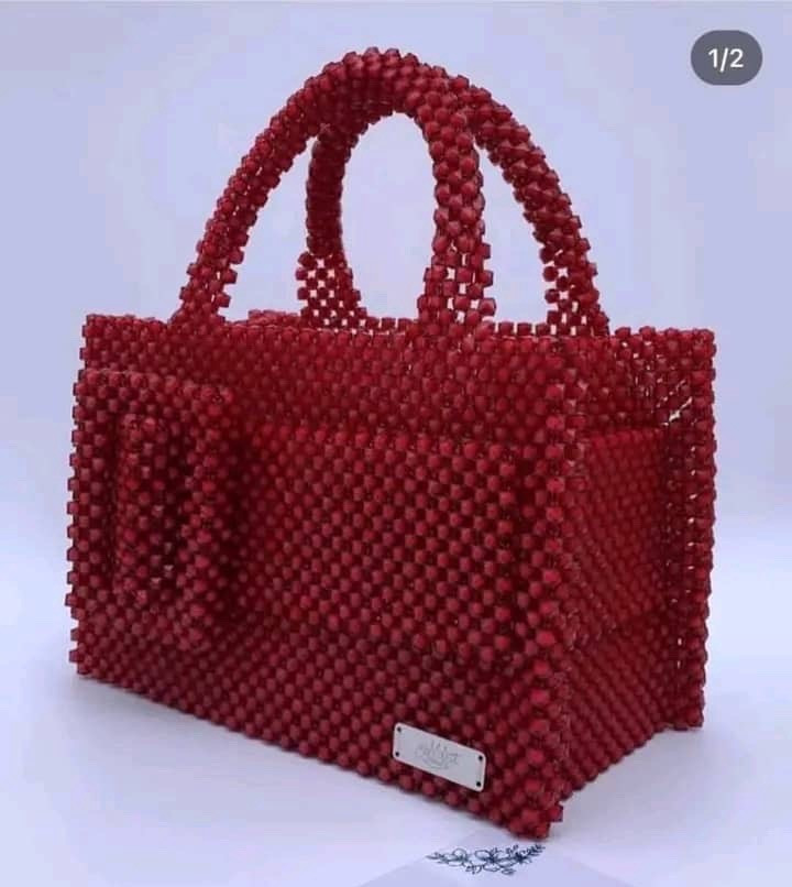 Women’s Beaded Top Handle Bag Rectangle Solid Red/White/Orange Gold, Strap