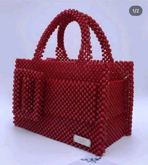 Women’s Beaded Top Handle Bag Rectangle Solid Red/White/Orange Gold, Strap