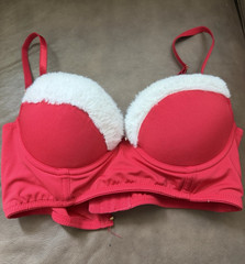 Fashion Nova Underwired Padded Balconette Bra 34B Red/White Faux Fur Hook&Eye