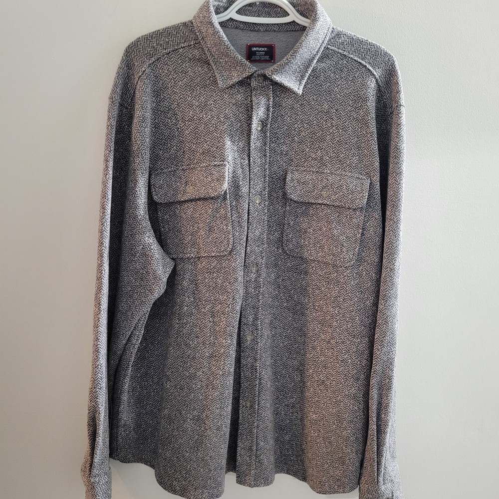 Untuckit Bonvino Alloy Herringbone Sweater Flannel Shirt Men Size XL Gray