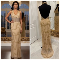 Elegant Handmade Beaded Camisole Evening Gown Gold V-neck Backless Ball Dress