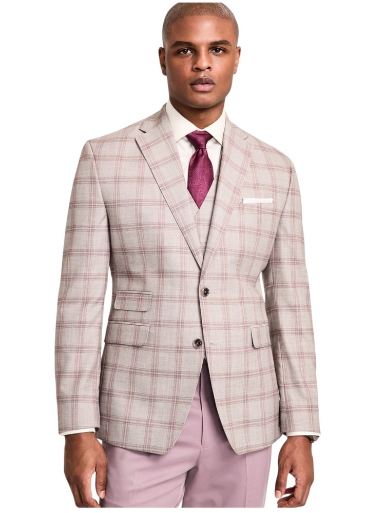 Tayion Mens Regular fit Suit Jacket Blazer 44 R Beige Plaid