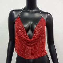 Women Sparkly Sexy Backless Crop Top Sleeveless Halter Metal Chain Club Party